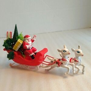 Santa Sleigh with Reindeer Figurine Vintage Plastic